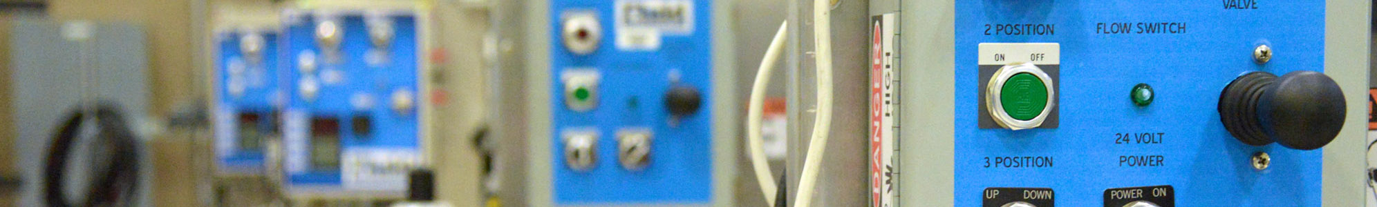 Several control panels in blue boxes with buttons.