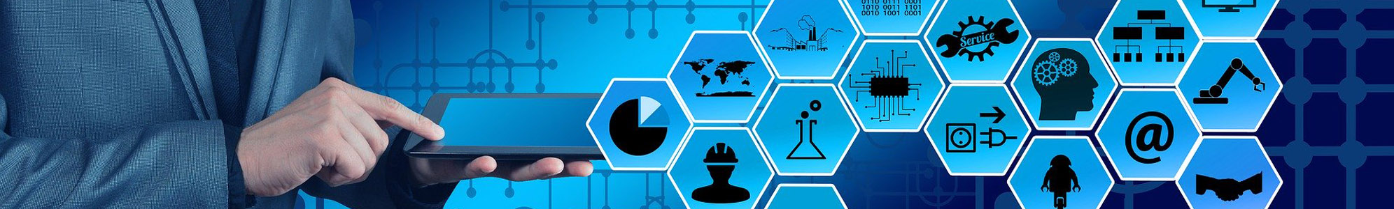Blue background with a person using a tablet. Hexagons of different digital icons.